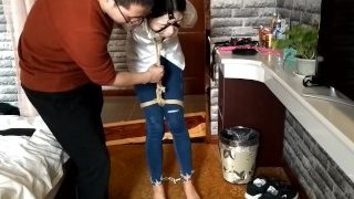asian bondage medical tape and ball gagged