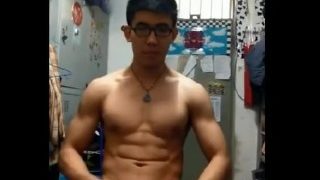 Hot Chinese jock wank and cum on himself in dorm